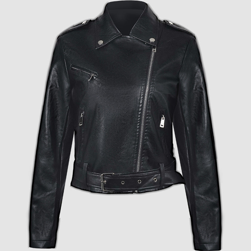 Lapel Short Belt Women's PU Simple Leather Jacket Motorcycle Jacket LadyShow.Store