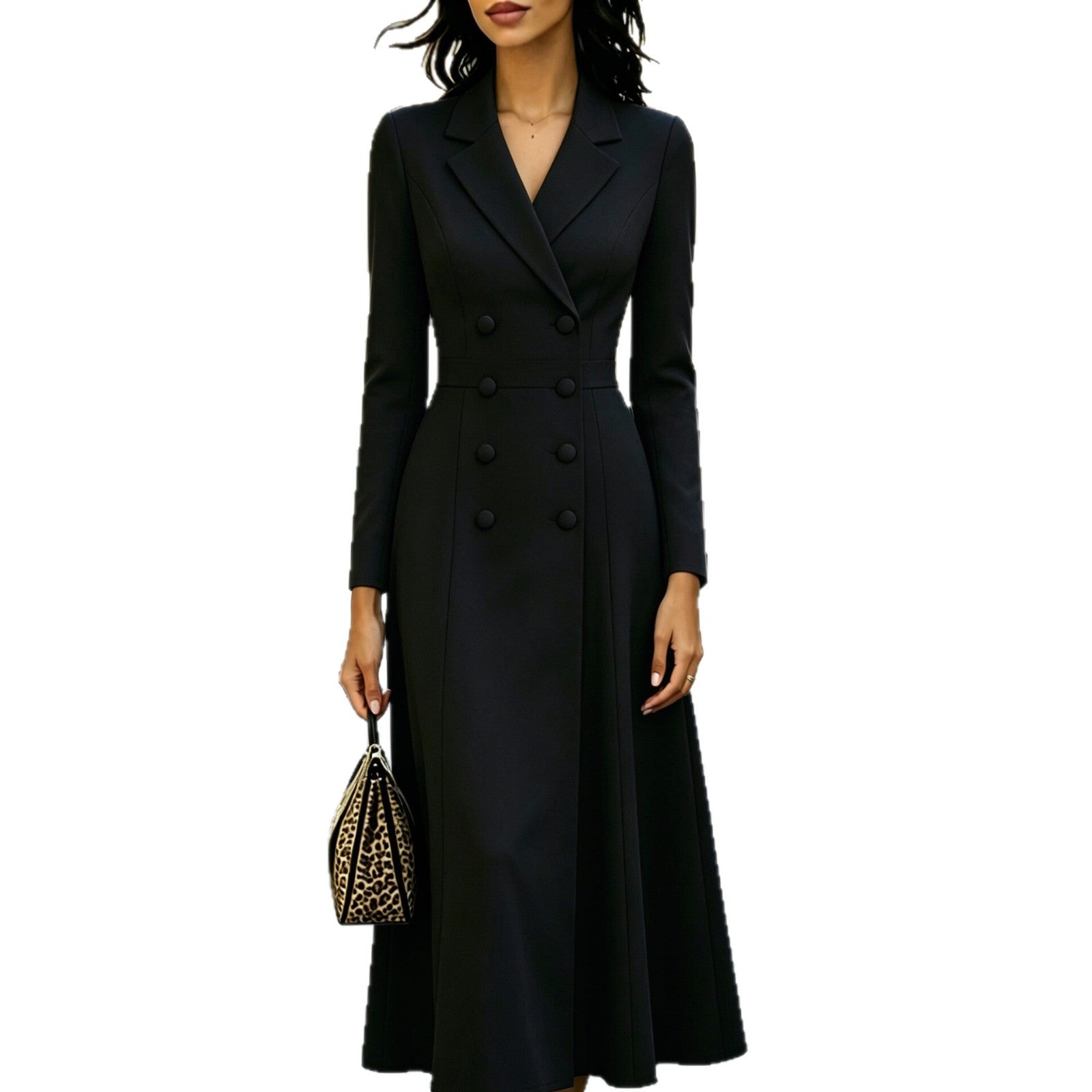 Elegant Double-breasted Tailored Long Dress With A Cinched Waist And A Flared Skirt NorixaFashion.com