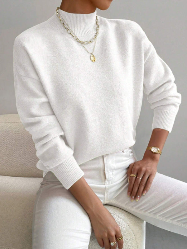 Autumn And Winter Half-high Collar Pullover Women's Fashion Solid Color Loose Knitted Top LadyShow.Store