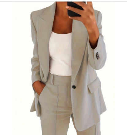 Ins Button Casual Suit Fashion Long-sleeved Lapel Blazer Jacket And Slim-fit Pocket Trousers For Women Clothing NorixaFashion.com