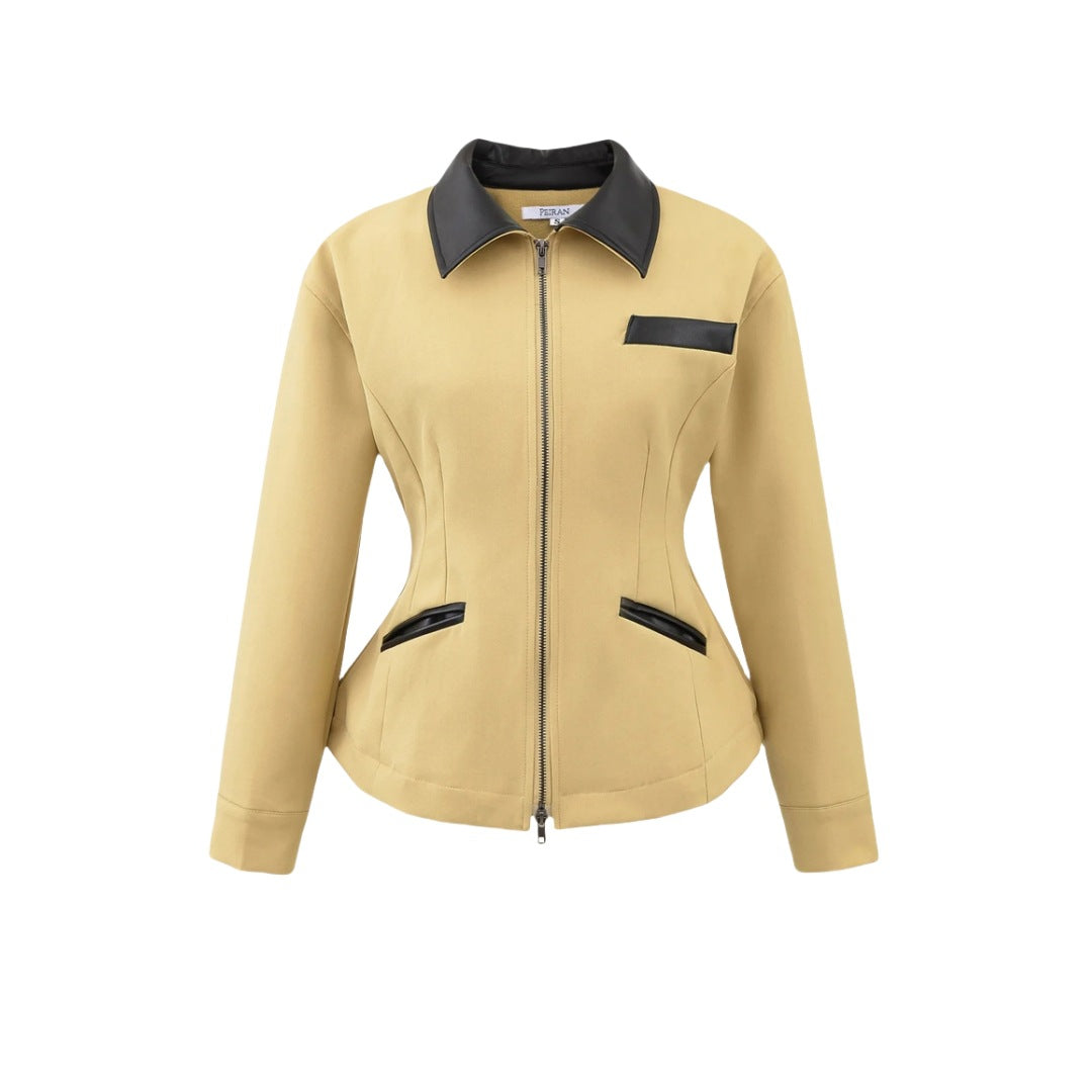 Retro Lapels Contrast Color Waist-tight Motorcycle Slim-fit Leather Coat Zipper Jacket LadyShow.Store