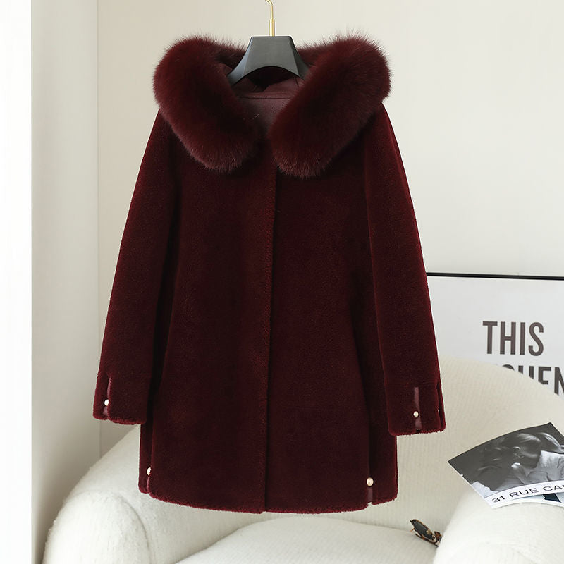 Women's Fox Fur Collar Hooded Sheep Shearling Coat Best YouTube Store