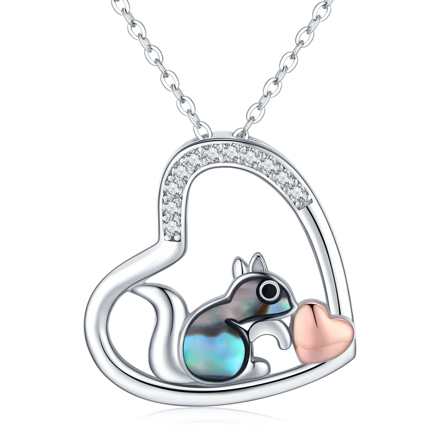 925 Sterling Silver Squirrel Abalone Shell Cubic Zirconia Cute Animal Heart Pendant Necklace LadyShow.Store