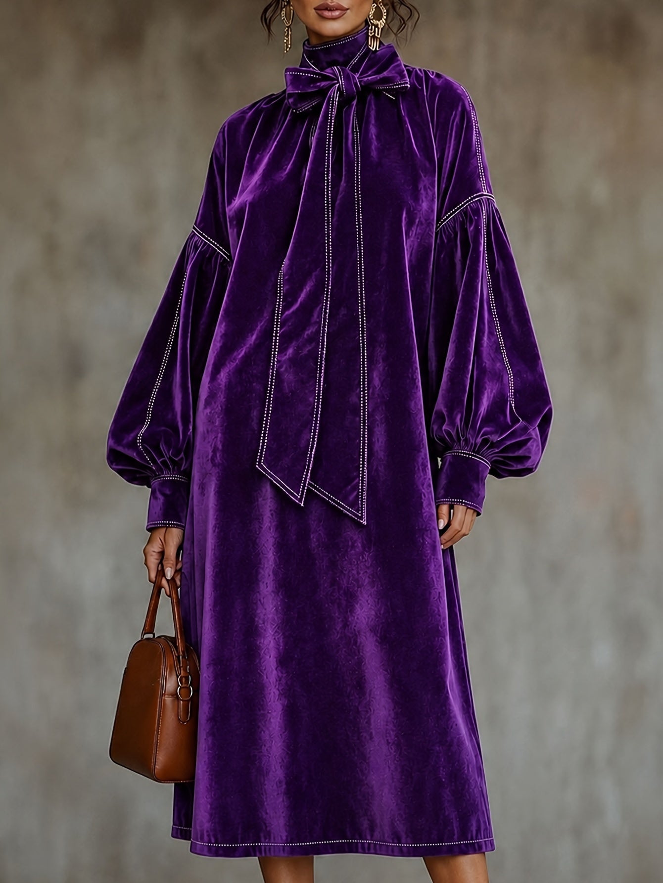 New High-neck Velvet Dress With Bow NorixaFashion.com