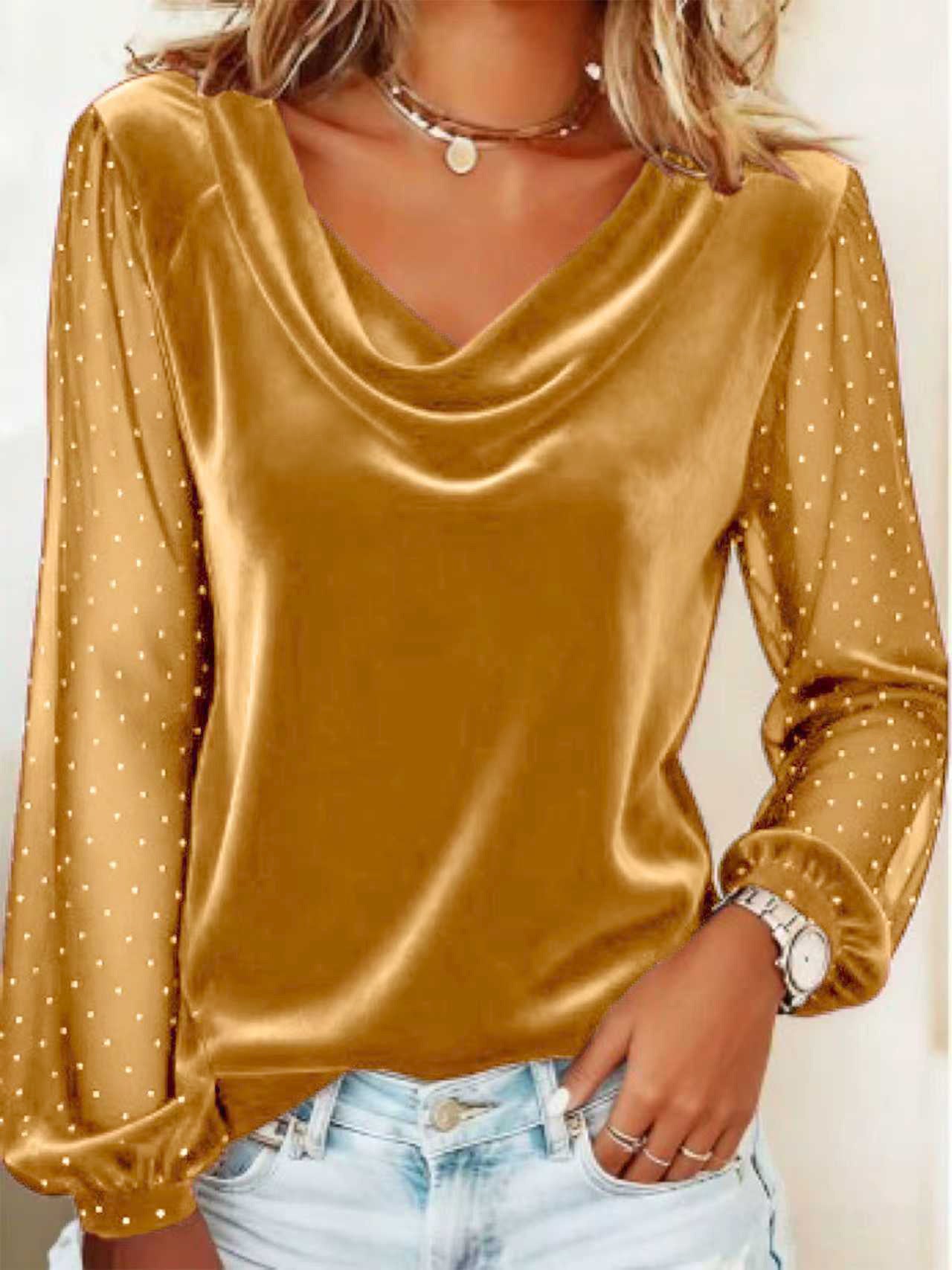 Women's Long Sleeve V-neck Velvet T-Shirt Women Elegant Diamond Mesh Sleeve Loose Tee Tops Christmas Clothes Women Shirt Red LadyShow.Store