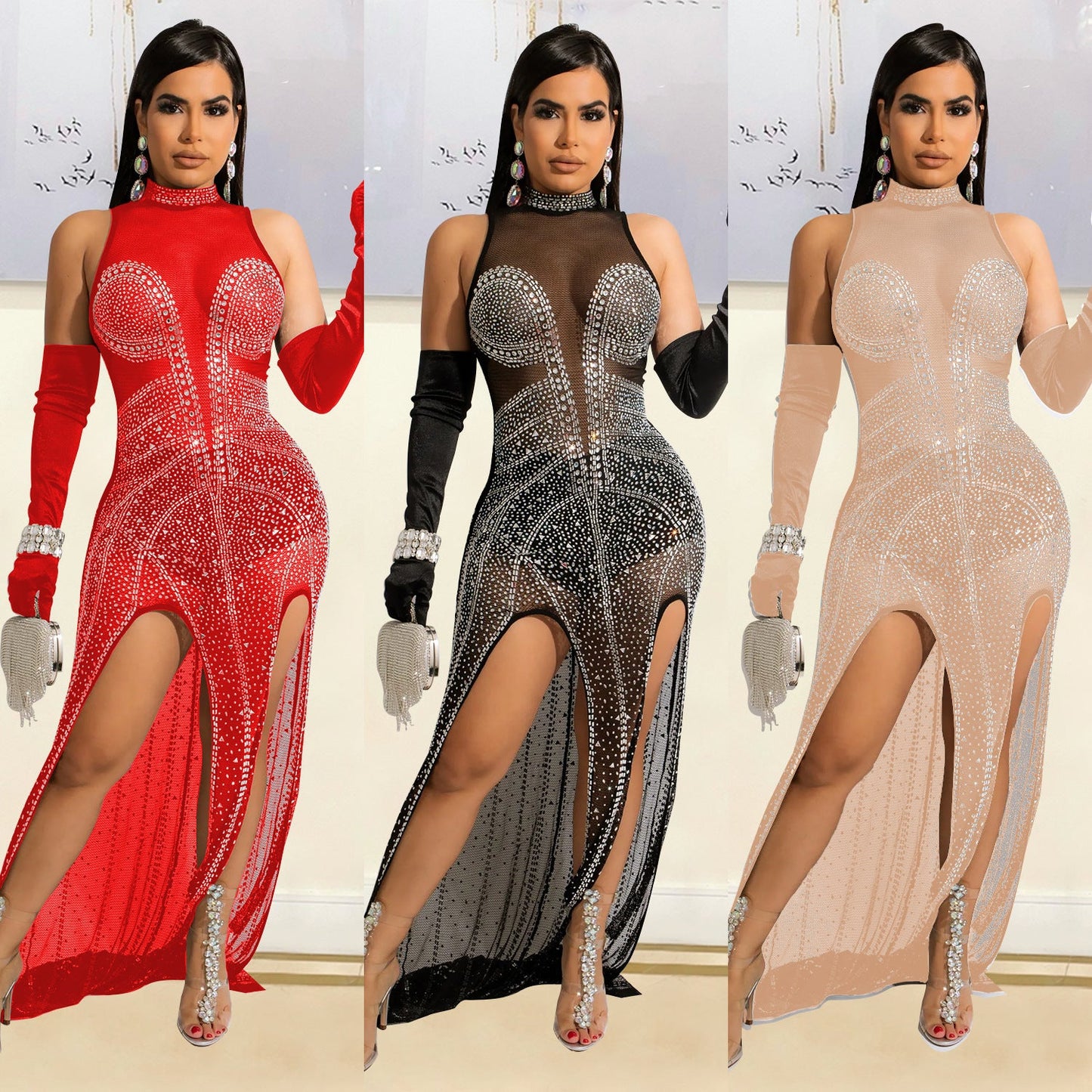 Mesh Hot Drilling See-through Dress Women NorixaFashion.com