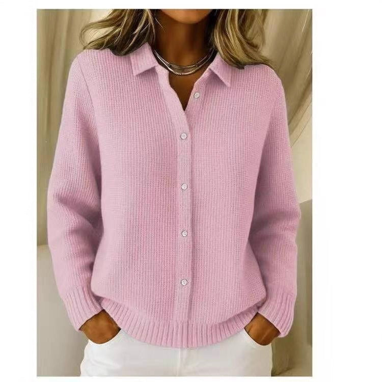 2026 New European And American Cross-Border Turn-Down Collar Solid Color Sweater Cardigan European And American Cross-Border Casual Knit Jacket For Women In Autumn And Winter NorixaFashion.com