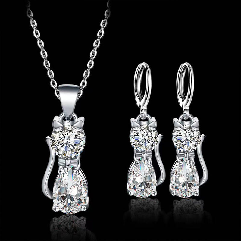 Cute Kitty Zircon Pendant Alloy Plated Silver Accessories Necklace LadyShow.Store