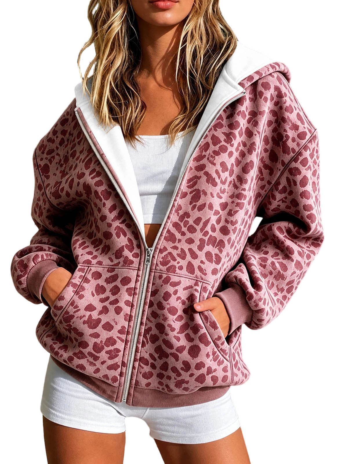 2026 Cross Border European And American Women's Fashion Leopard Print Hooded Zipper Sweatshirt Jacket Loose Casual Long Sleeve Cardigan Top NorixaFashion.com