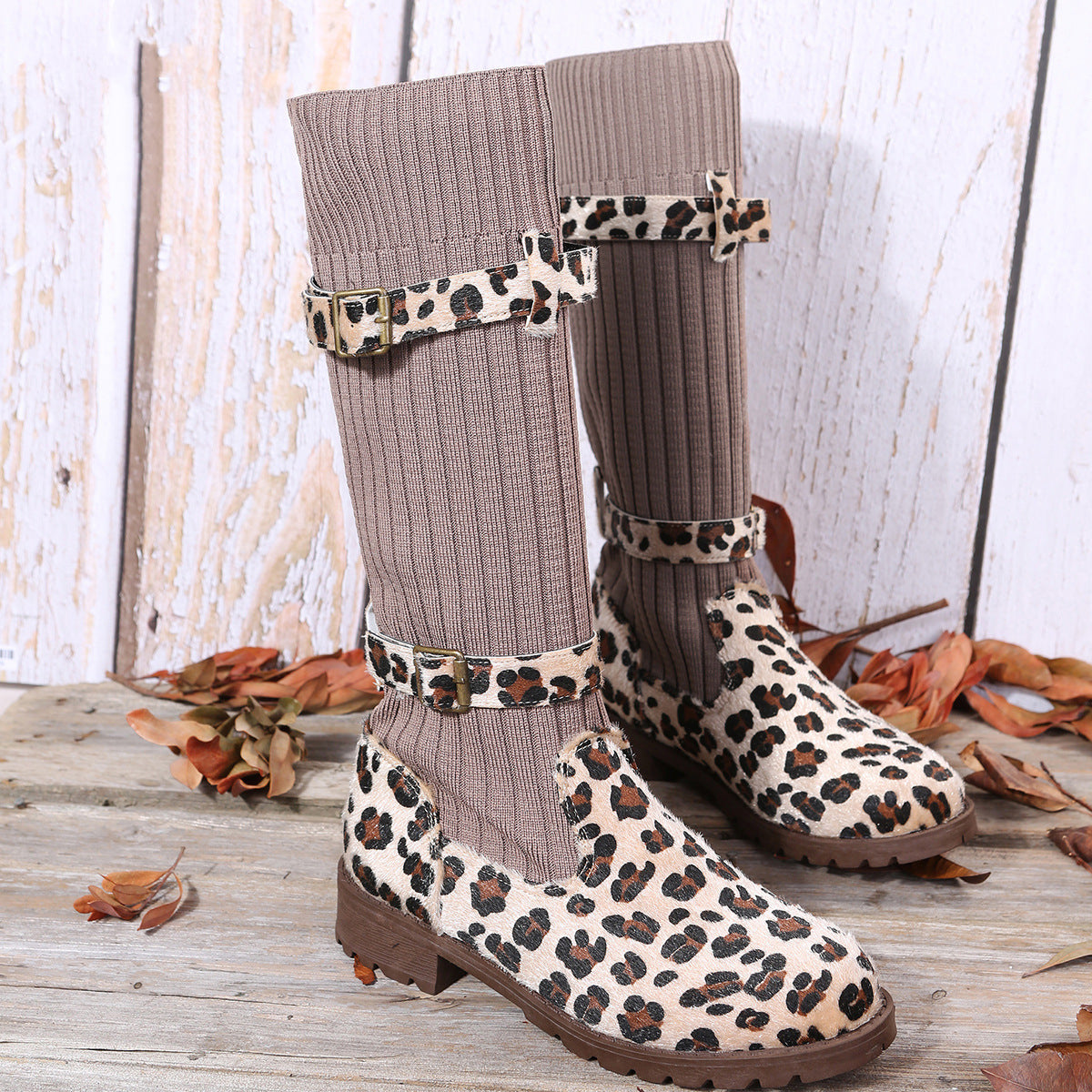 Leapard Shoes Winter Mid Calf Boots Women Sock Boots LadyShow.Store