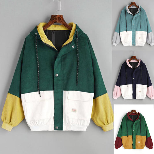 2021 Korean version of college wind student BF loose color matching hooded baseball uniform corduroy tooling jacket female