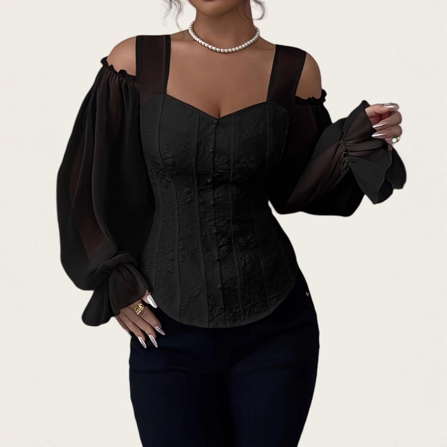 Elegant Off-Shoulder Floral Jacquard Blouse For Women LadyShow.Store