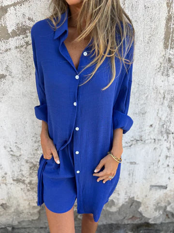 2pcs Loose Long-sleeved Shirt Suit With Lapel Button Tops And Elasticated Shorts Fashion Casual Clothing For Women NorixaFashion.com