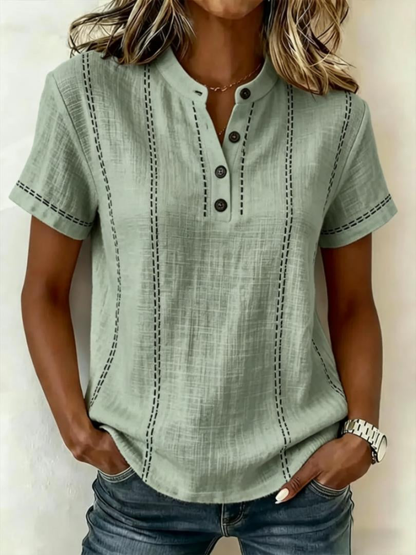 Summer Striped Short-Sleeve Shirts Casual Stand-Collar V-neck Button Blouse Womens Clothing LadyShow.Store