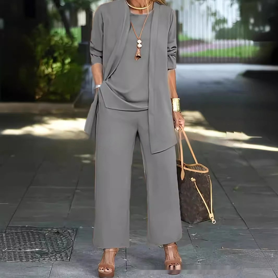 3-piece Cardigan Suit Pure Color Split Sleeveless Vest Top Long Sleeve Jacket And Wide Leg Pants Set NorixaFashion.com