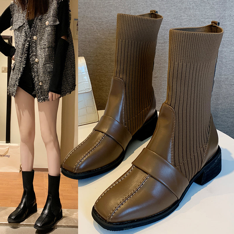 British Style Square Toe Mid-tube Knitted Martin Boots Women LadyShow.Store
