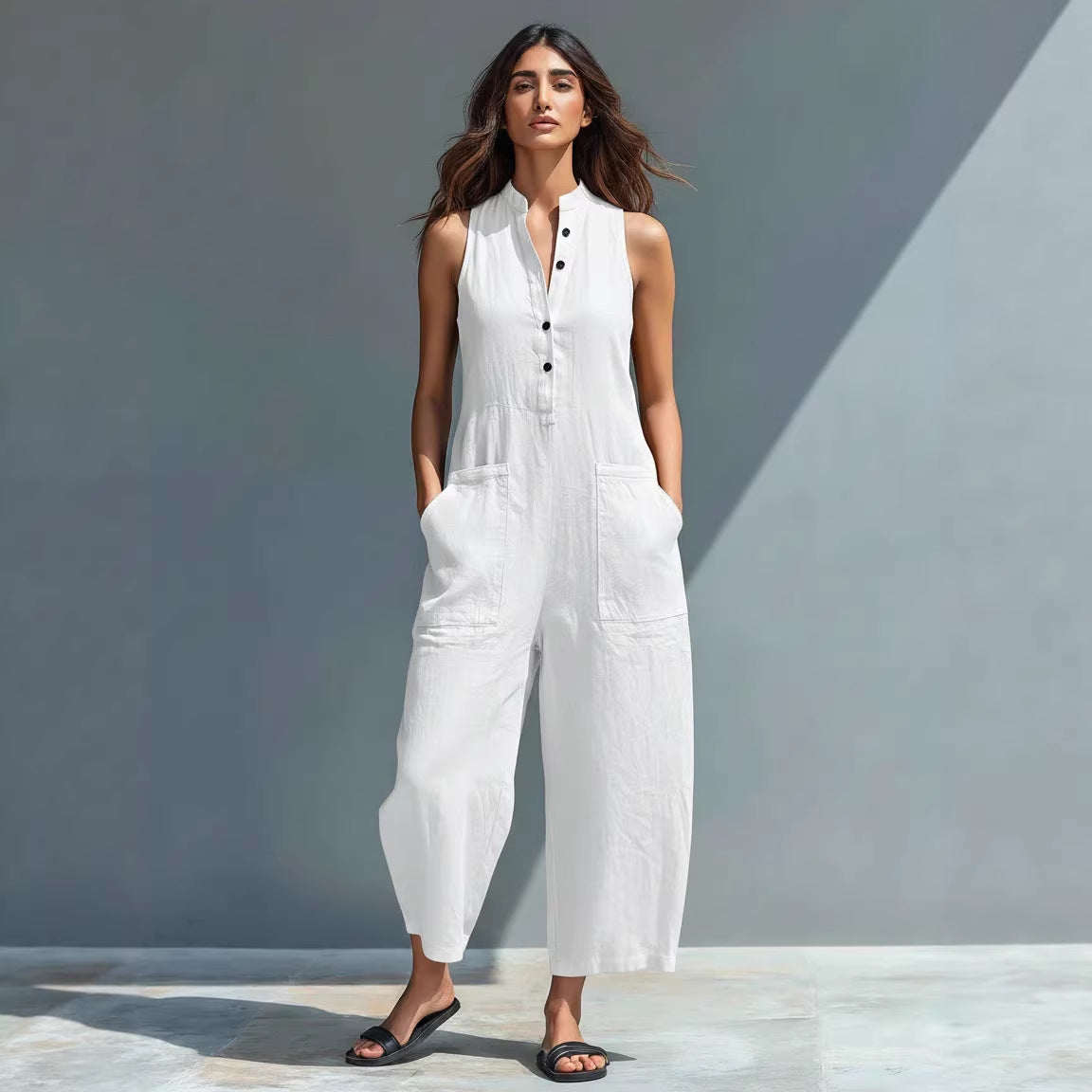 Summer Sleeveless Jumpsuit With Pockets Fashion Casual V-Neck Buttons Trousers Women's Overall Pants NorixaFashion.com