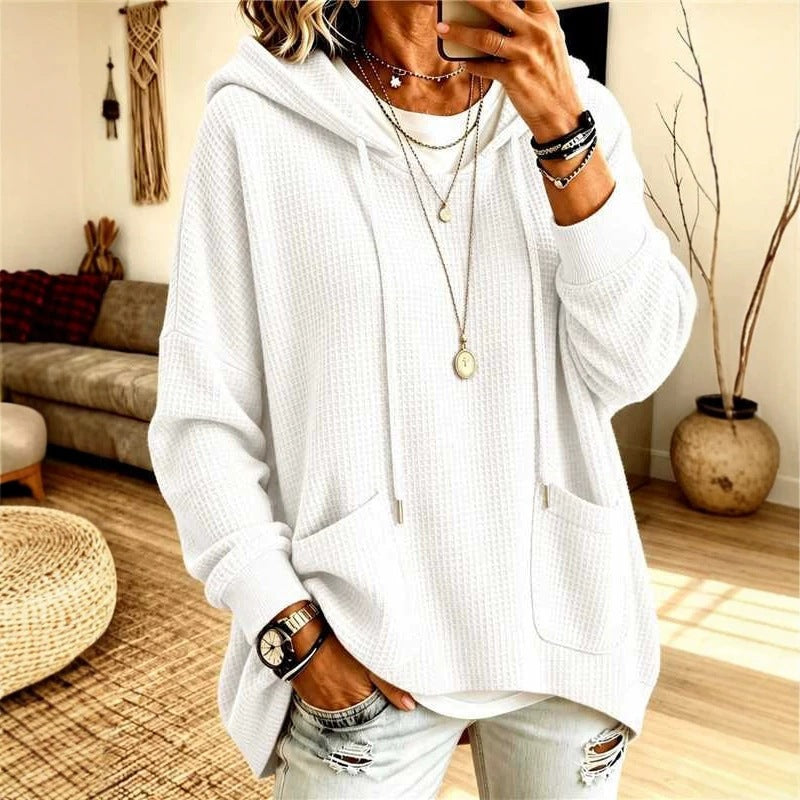 2026 European And American Women's Clothing Amazon Independent Station Waffe Loose Long Sleeve Hoodie Casual Hooded NorixaFashion.com