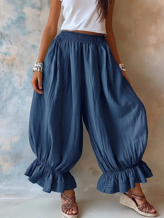 Loose Casual Cotton-linen Flared Pants With Ruffled Hems For Women NorixaFashion.com
