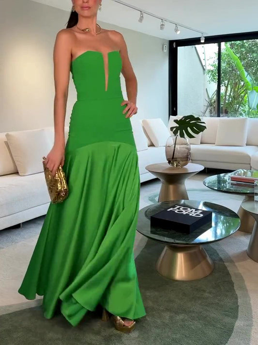 Green Tube Top With Satin Patchwork Evening Dress NorixaFashion.com