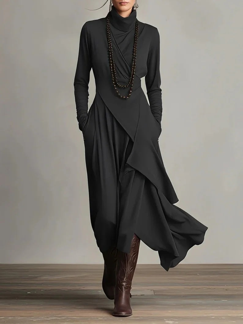 Women's Solid Color Cross-sleeve High-neck Dress LadyShow.Store
