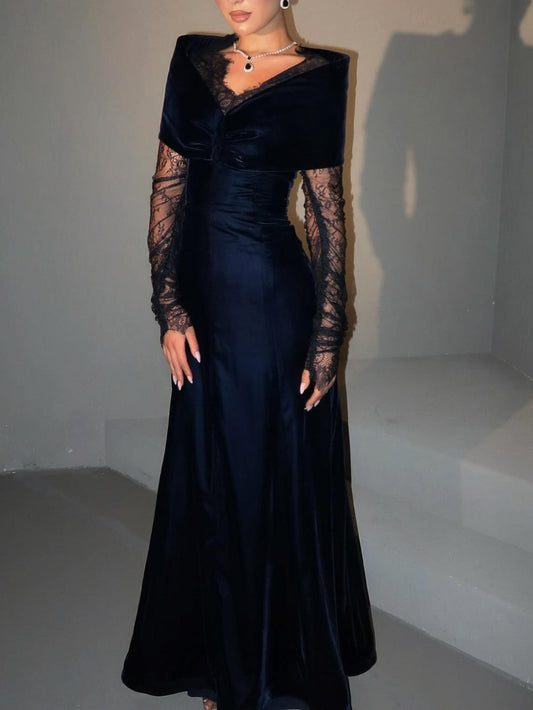 Navy Blue Velvet Lace Long-Sleeve Gown NorixaFashion.com