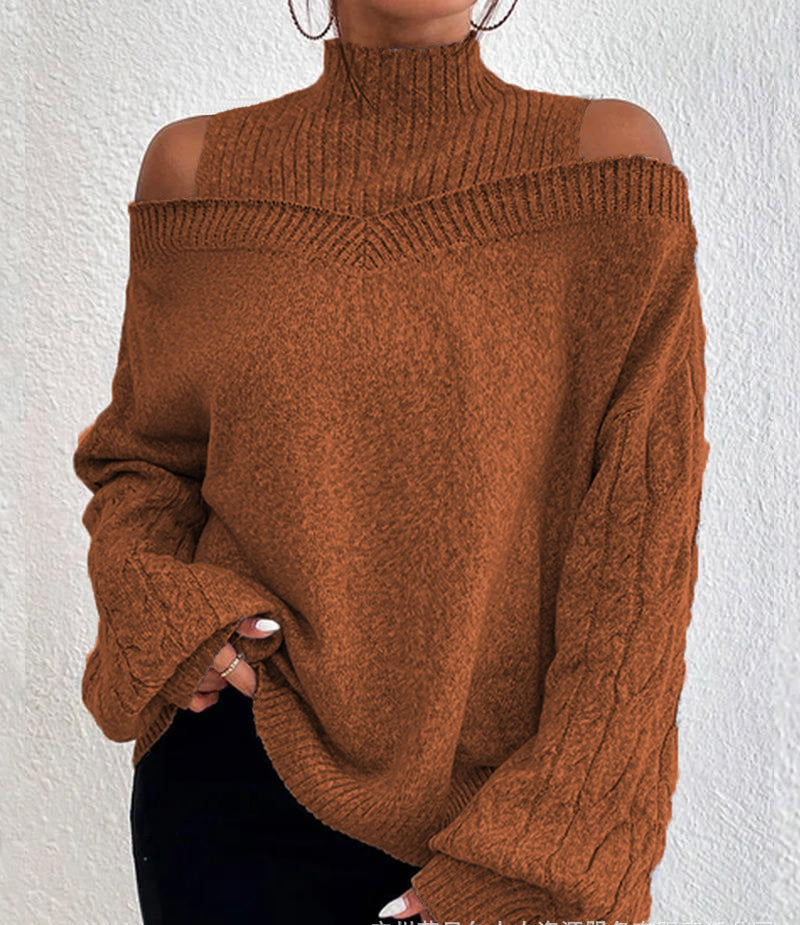 Off-the-shoulder Sweater Women's Pullover Half Turtleneck Autumn And Winter New Lantern Sleeve Sweater NorixaFashion.com