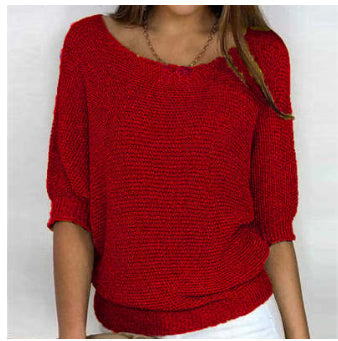 Three-quarter Sleeve Pullover Sweater Fashion Solid Color Loose Round Neck Knitted Top For Women Clothing NorixaFashion.com