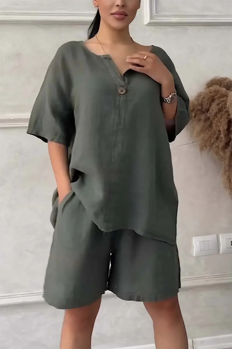 Cotton-linen Shirt Set With High-waisted Loose Shorts For Women LadyShow.Store