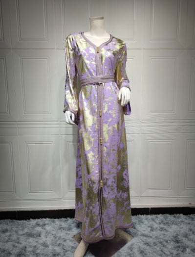 Muslim Bronzing Robe Women's Two Piece Belted Dress LadyShow.Store