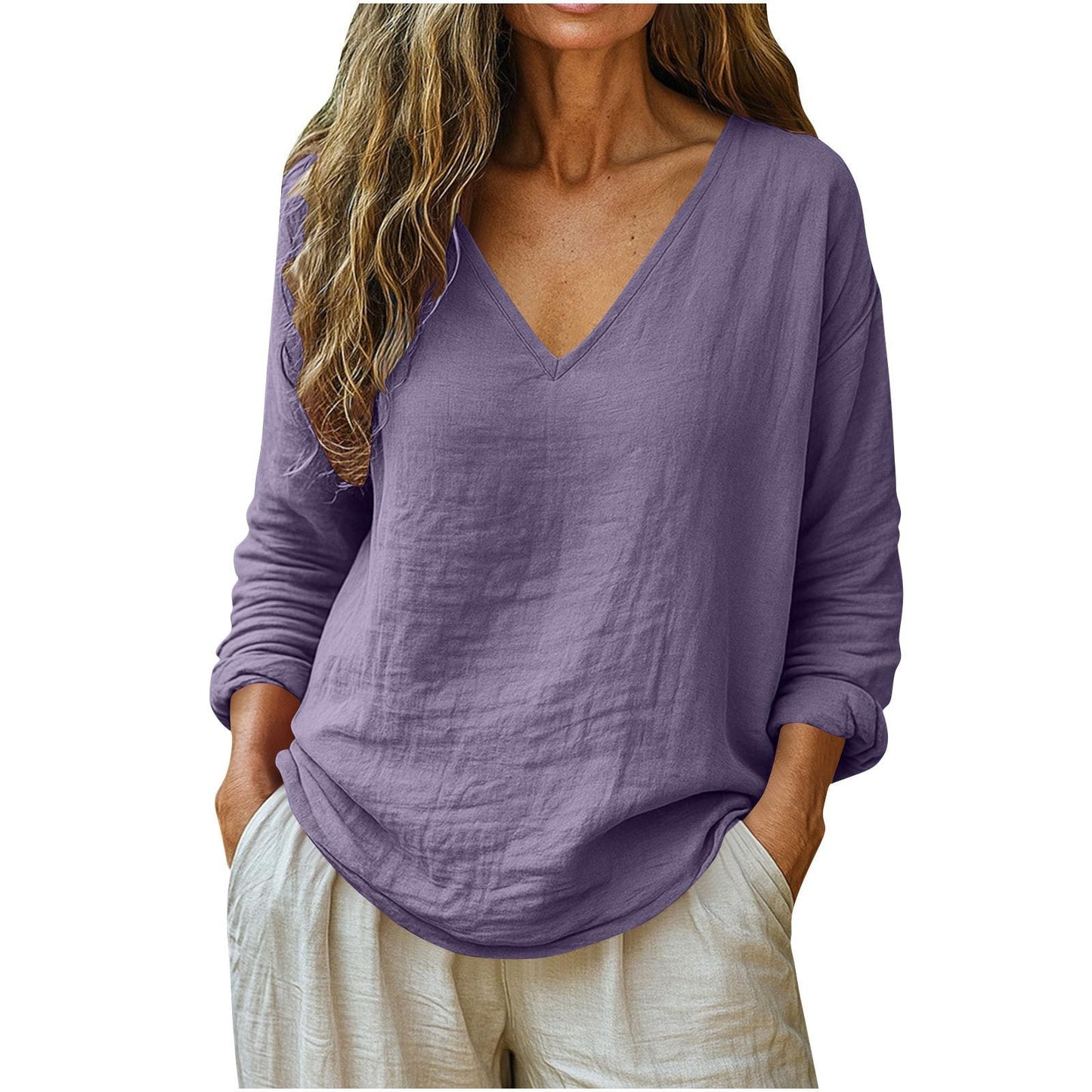Fashionable Cotton-Linen Long-Sleeve V-Neck Top NorixaFashion.com