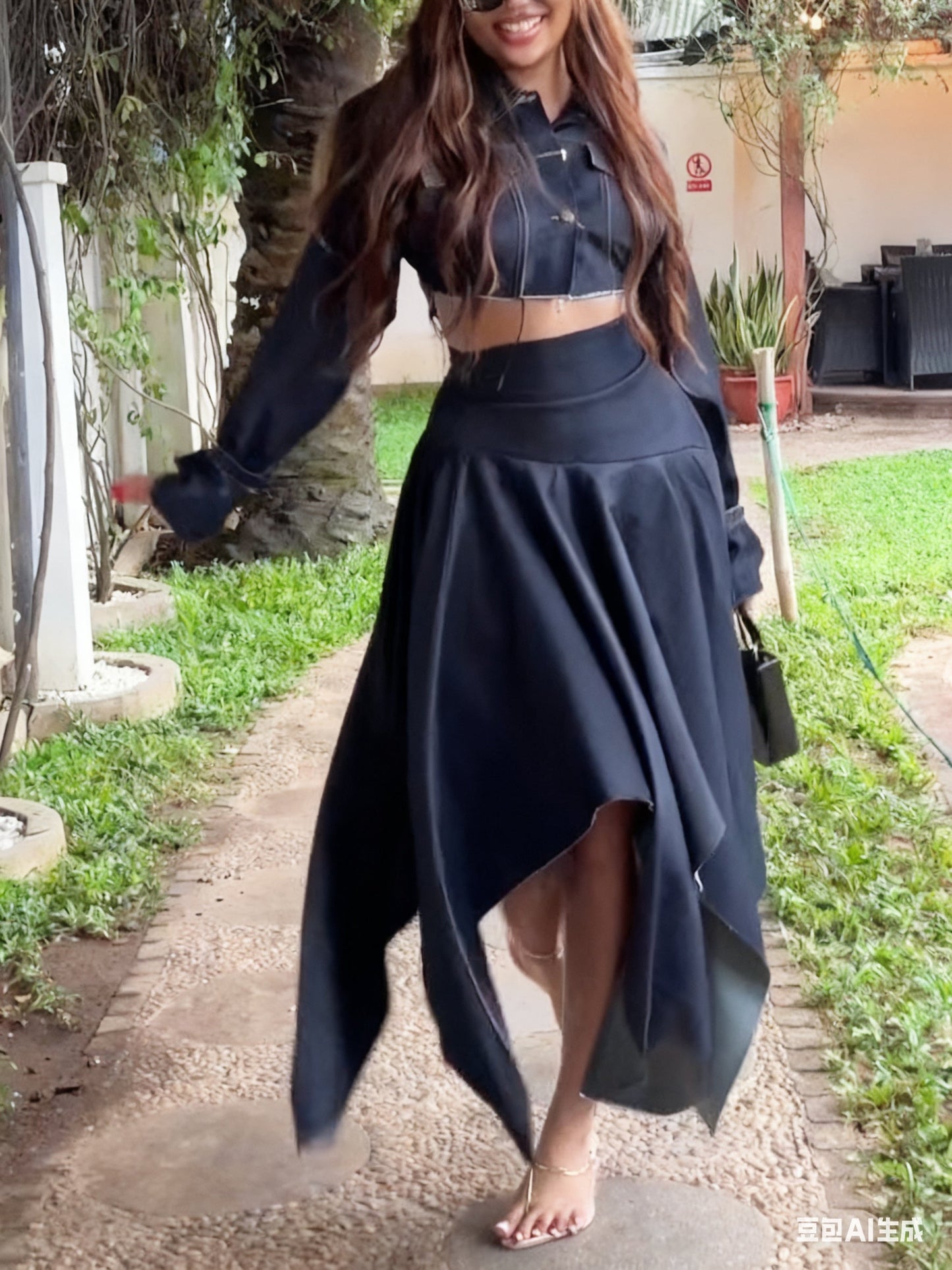 Chic Long-sleeved Cropped Jacket & Irregular Hem Denim Skirt Set NorixaFashion.com