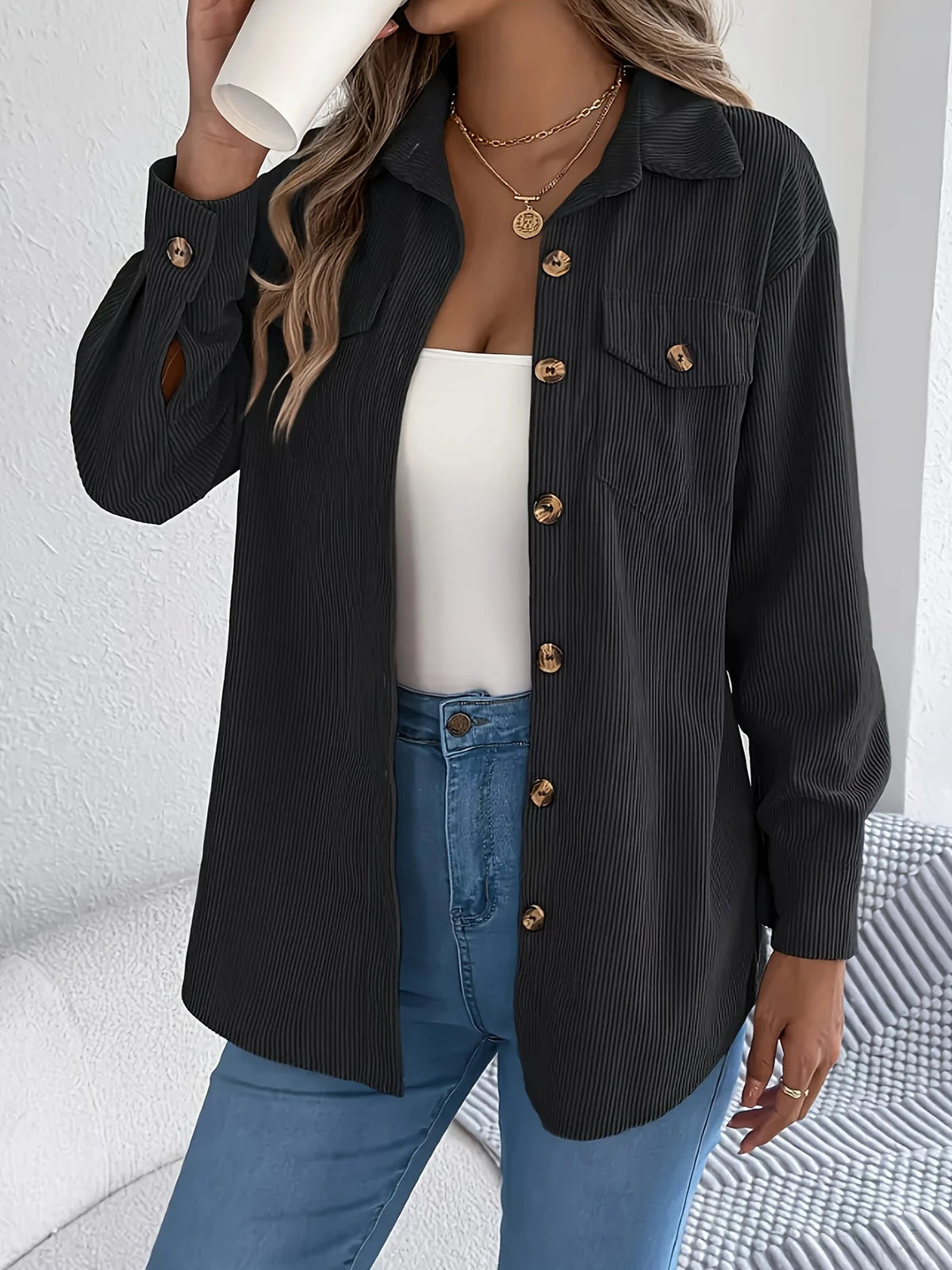 European And American Corduroy Striped Mid-length Coat Shirt NorixaFashion.com