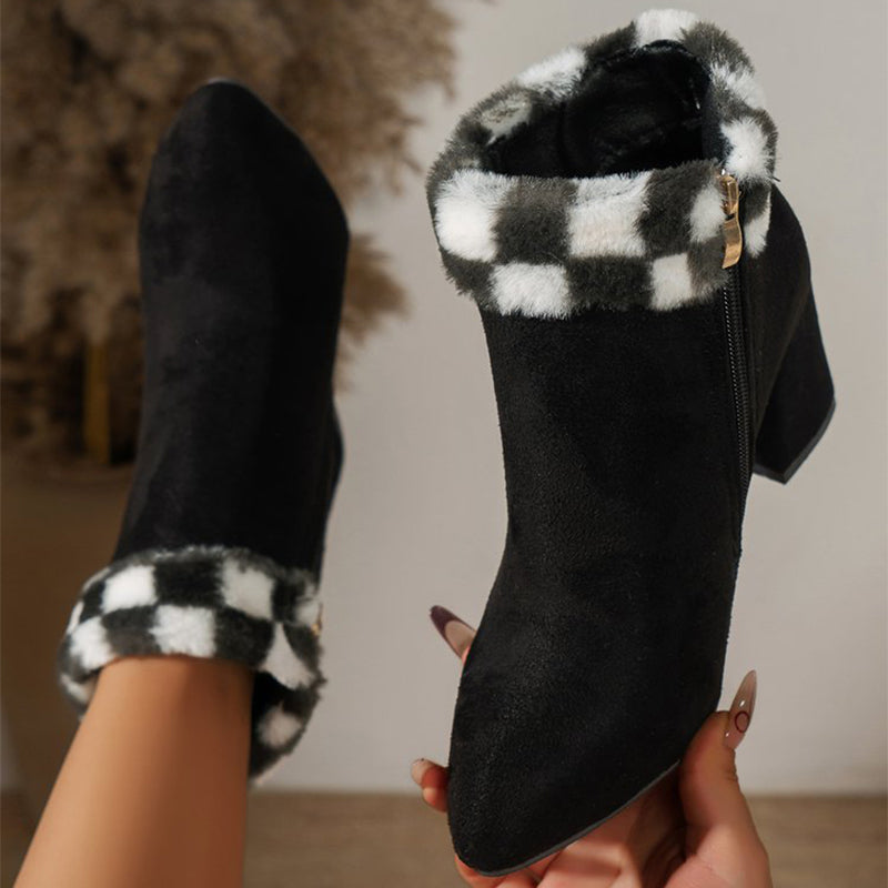 New Plaid Print Plush Ankle Boots Winter Fashoin Square Heel Suede Boots Women Casual Versatile Shoes Autumn And Winter LuxuryLifeWay Online Store
