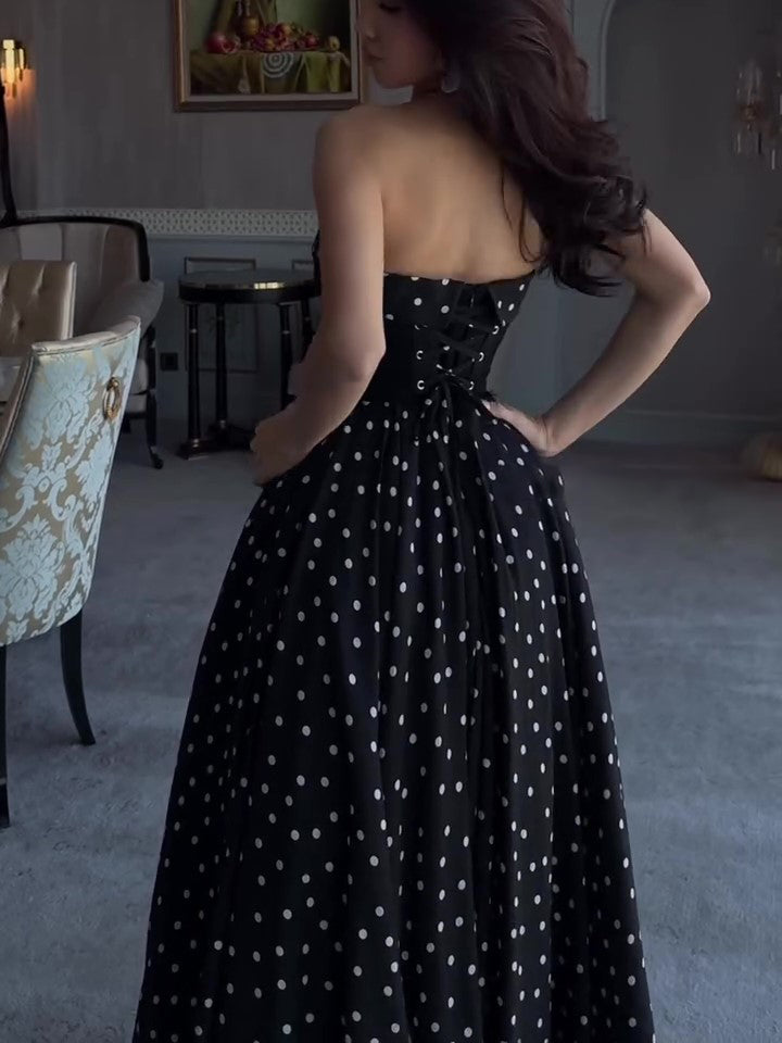 Black Strapless Polka Dot Full Skirt Maxi Dress NorixaFashion.com