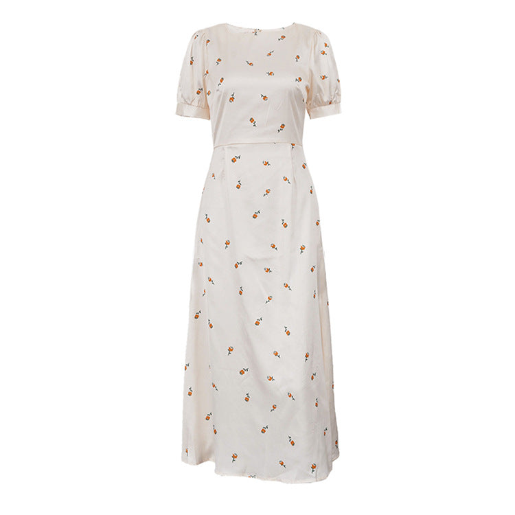 Cream Yellow Floral Print Satin Midi Dress NorixaFashion.com