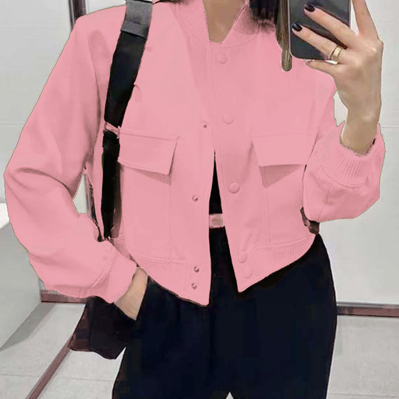 Fashion Button Stand-collar Jacket With Big Pockets Casual Loose Short Outwear Tops Coat For Women Clothing LadyShow.Store