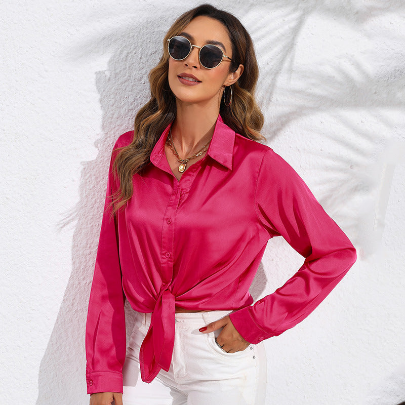 Women's Solid Color Satin Satin Long Sleeve Blouse NorixaFashion.com