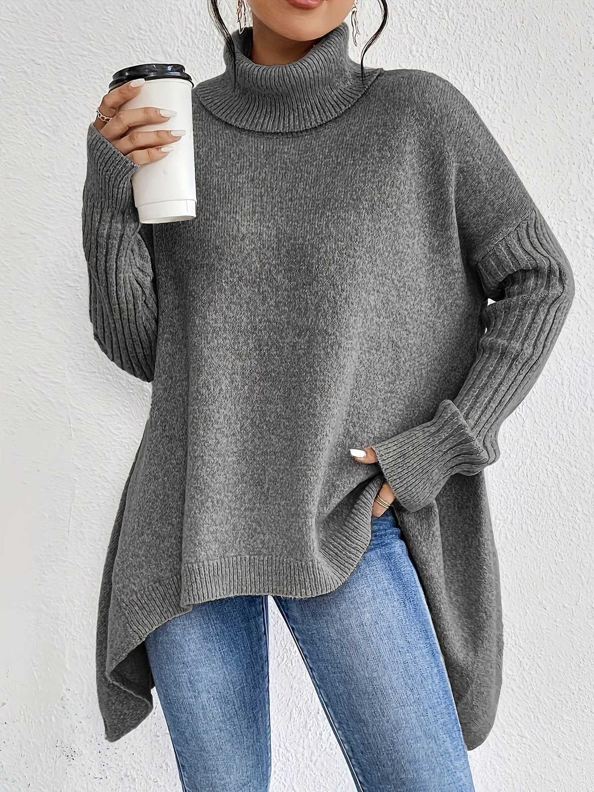 Irregular Turtleneck Sweater Winter Loose Long Sleeve Knitted Tops Leisure Warm Pullover Sweater Women's Clothing LadyShow.Store