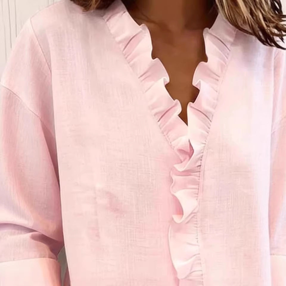 Ruffled Long Sleeve Cotton Shirt NorixaFashion.com