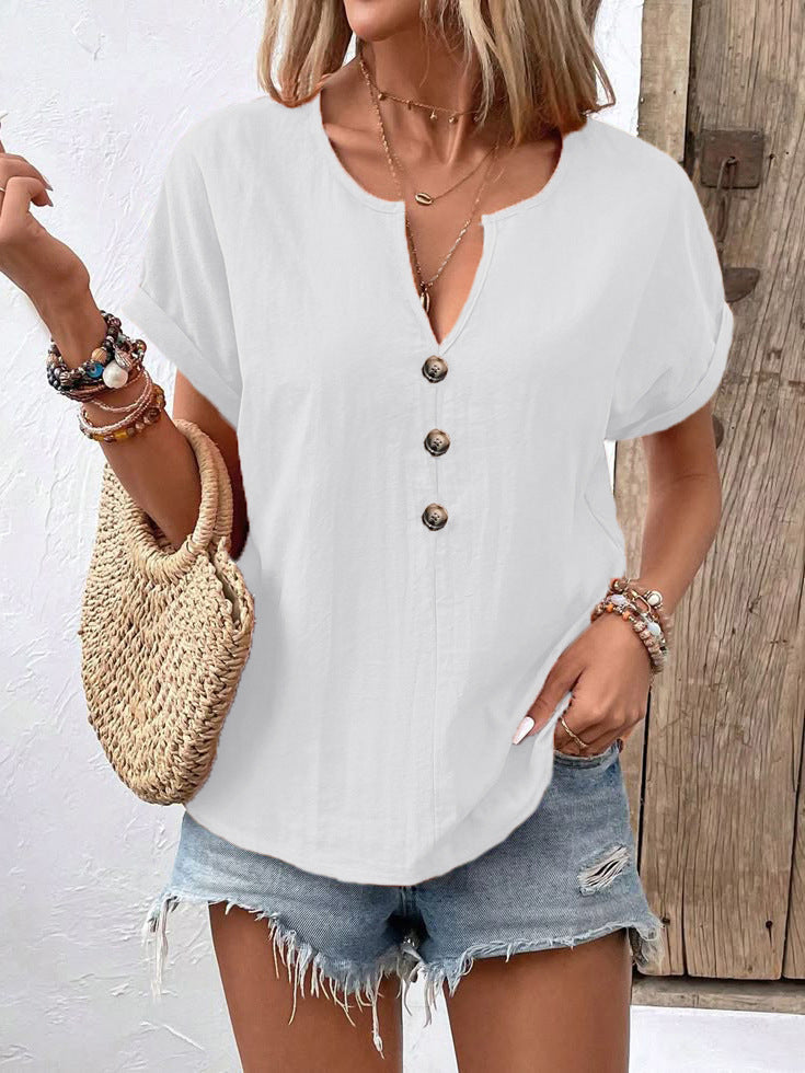Women's Buttoned V-neck Short-sleeve T-shirt Top LadyShow.Store