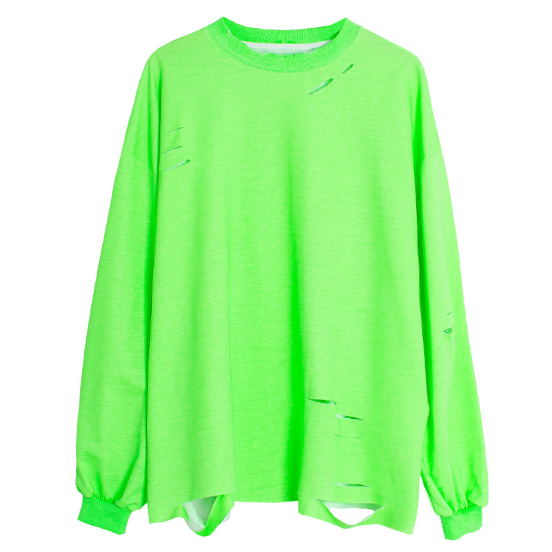 Fluorescent Green Oversized Cutout T-Shirt Sweatshirt Pi-Mart
