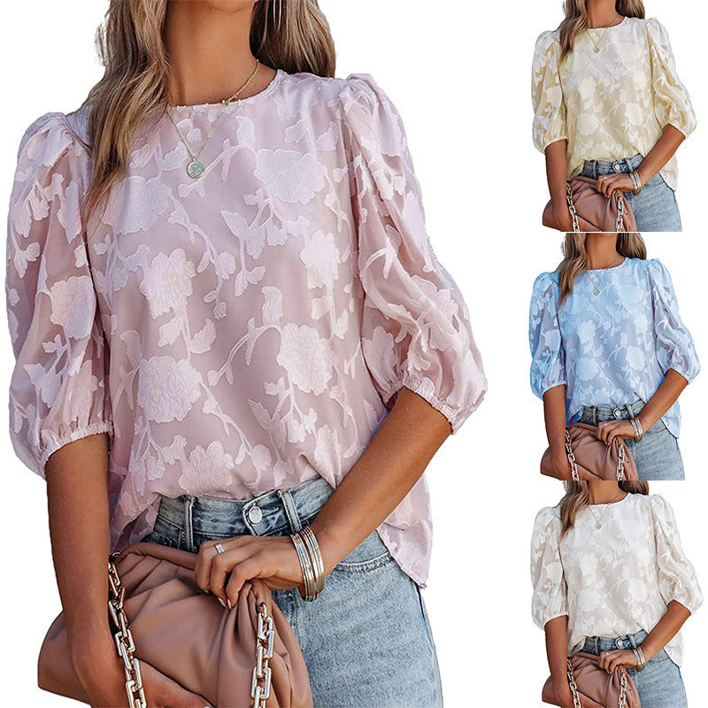 Women's Puff Sleeve Chiffon Loose Top Flower Texture Shirt NorixaFashion.com