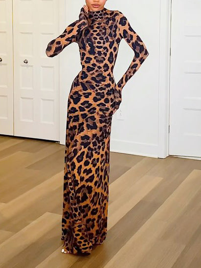Leopard Print Mock Neck Maxi Dress NorixaFashion.com