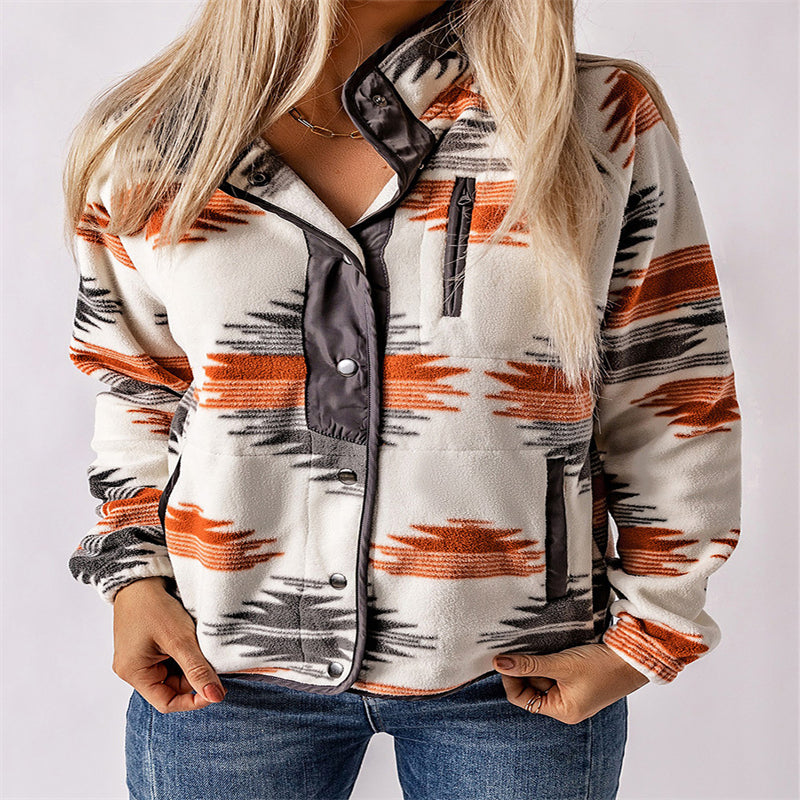 Winter Women's Printed Cardigan Jacket Fashion Color Contrast Fleece Coat LuxuryLifeWay Online Store