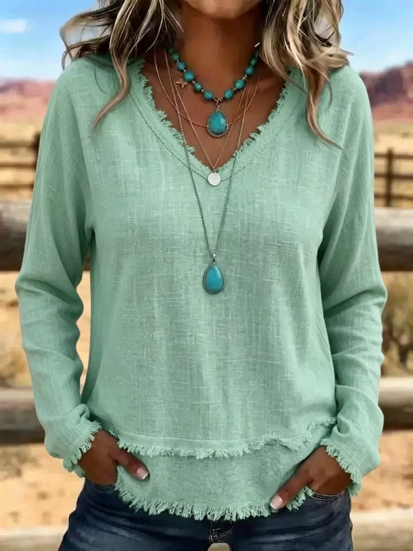 V-Neck Long Sleeve T-Shirt With Tassel Women's Loose Fit Casual Top For Daily Wear Clothing NorixaFashion.com