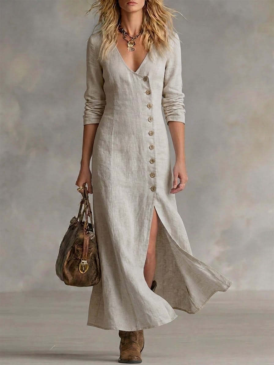 Fashionable Casual Cotton-Linen Long-Sleeve Womens Dress NorixaFashion.com