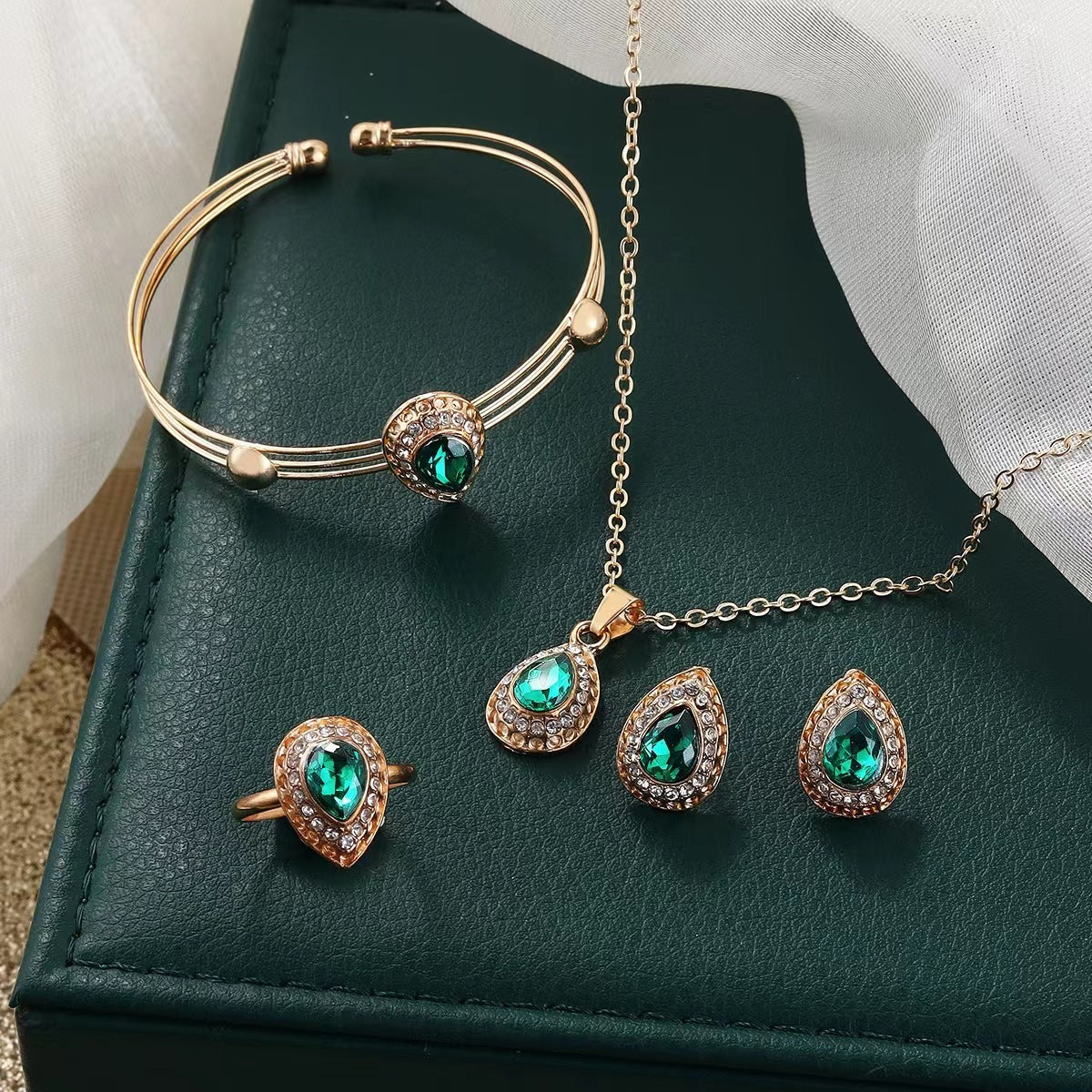 Jewelry Suit Women's Water Drop Gem Series Necklace Earring Ring Bracelet Four-piece Set LadyShow.Store