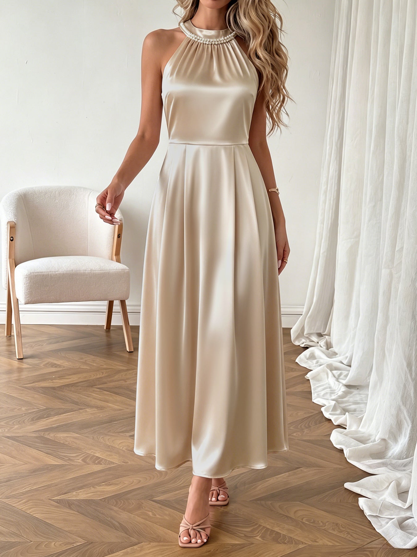 Pearl Halter High Waist Flowy Midi Dress NorixaFashion.com