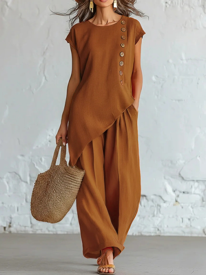 Womens Solid-Color Crew-Neck Buttoned Short-Sleeve Wide-Leg Pants Set NorixaFashion.com